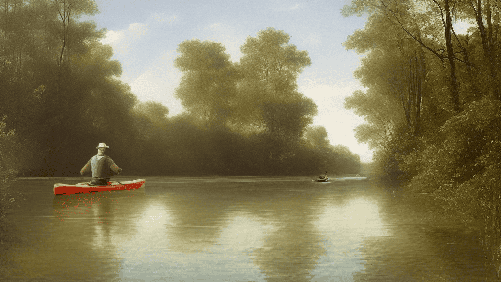 a man paddling a kayak on a calm stream, in the style of fanny brate